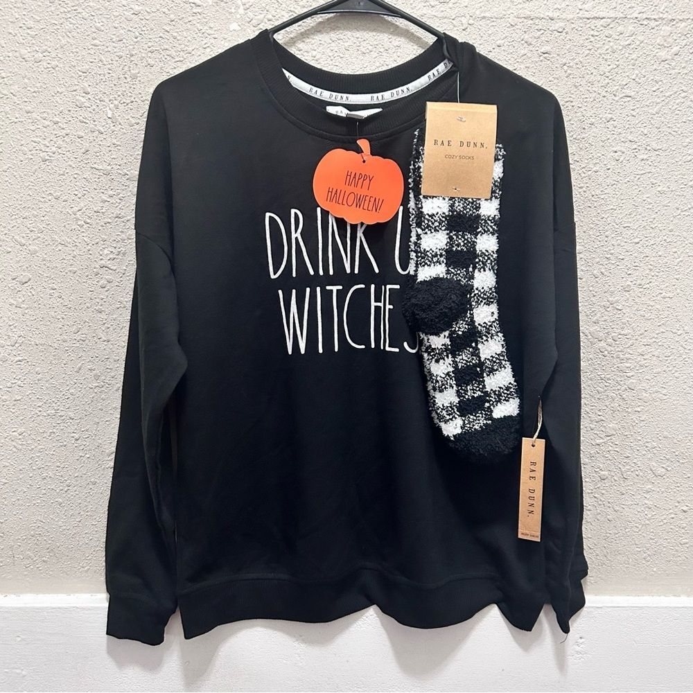 Rae Dunn Halloween "Drink Up Witches" Black Sweatshirt with Socks NWT S
